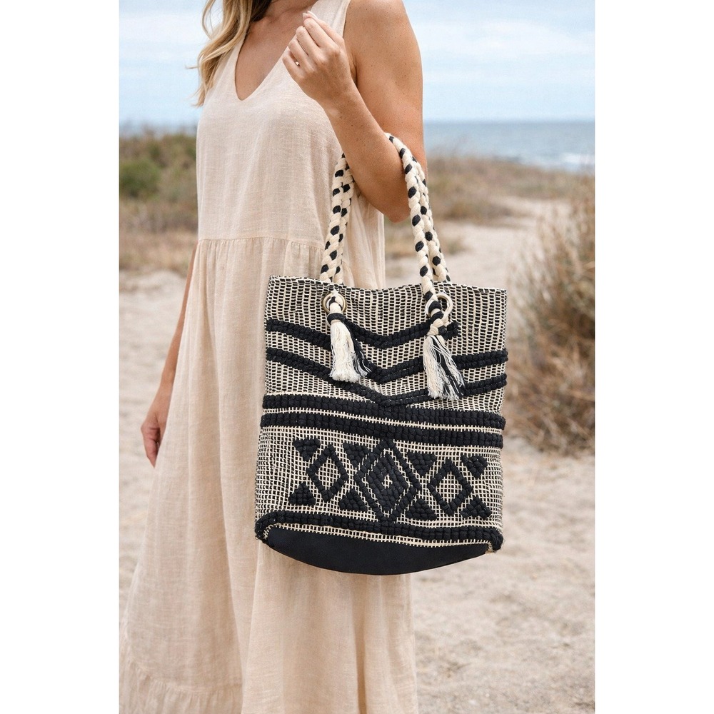 Artisan NY Tote Bag Black White Woven Geometric‎ Tufted Boho Large